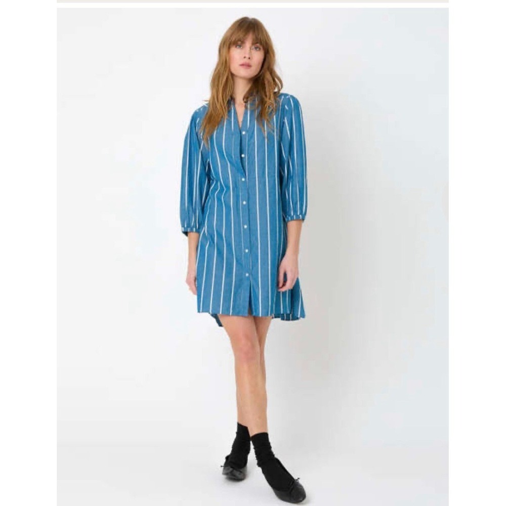 Kerri Rosenthal Cotton Poplin Aegean‎ Blue White Stripe Audrey Shirt Dress Small